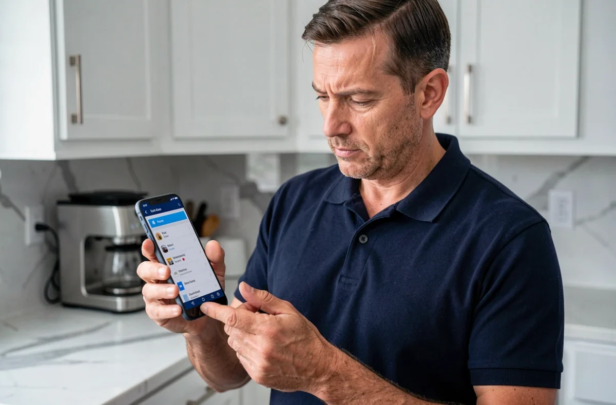 Homme dans la quarantaine naviguant dans les paramètres de stockage d'un smartphone Android dans une cuisine moderne