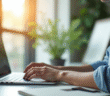 Personne tapant un email sur un ordinateur lumineux