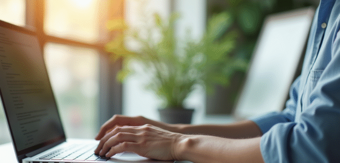 Personne tapant un email sur un ordinateur lumineux