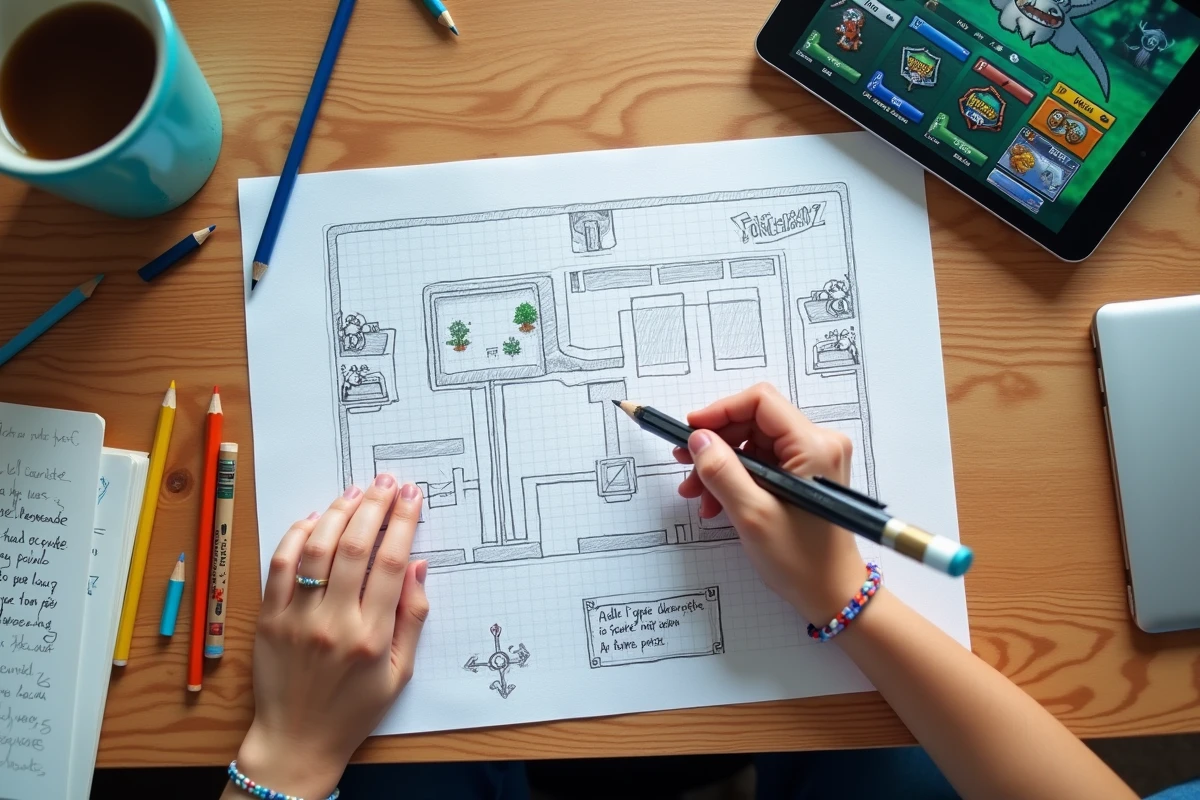 Planification manuscrite d'une ligue Pokémon pour un mod Minecraft avec carte dessinée à la main