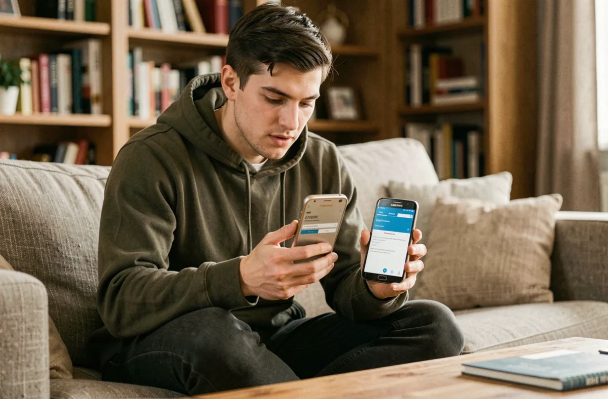 Jeune homme préparant un ancien Samsung à la revente en vidant ses données personnelles