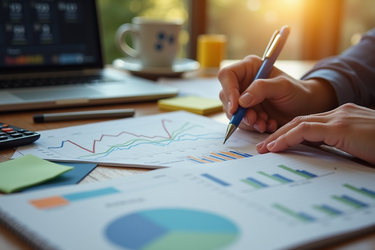 Mains écrivant dans un carnet avec données et graphiques analytiques