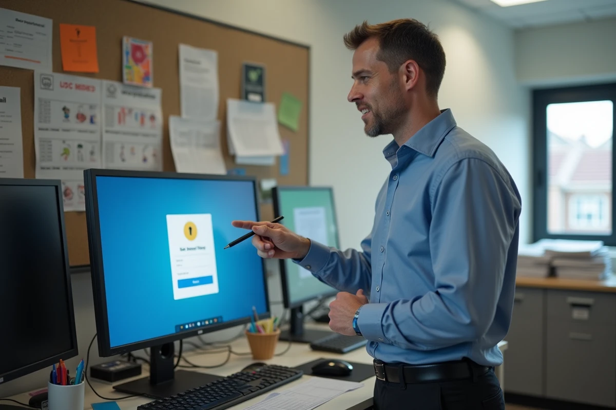 Professionnel informatique expliquant devant un écran