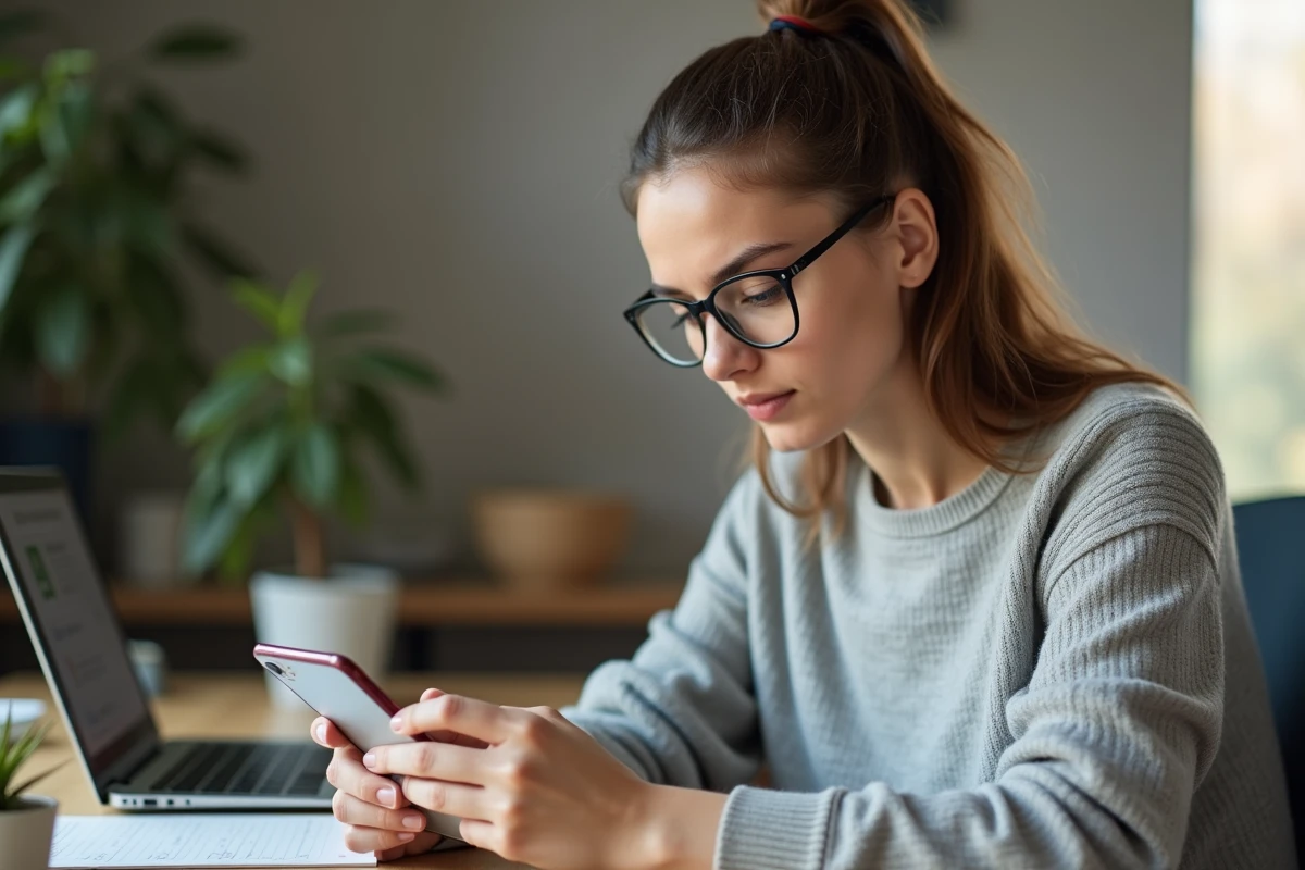 Jeune femme utilisant WhatsApp sur son smartphone pour programmer un message depuis son bureau à domicile