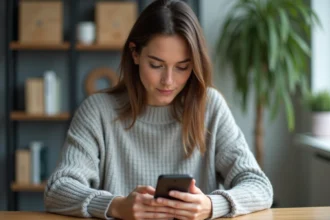 Jeune femme programmant un message WhatsApp sur son smartphone depuis son bureau à domicile