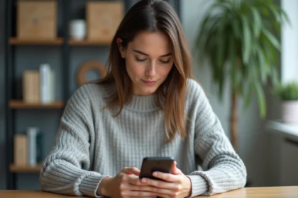 Jeune femme programmant un message WhatsApp sur son smartphone depuis son bureau à domicile