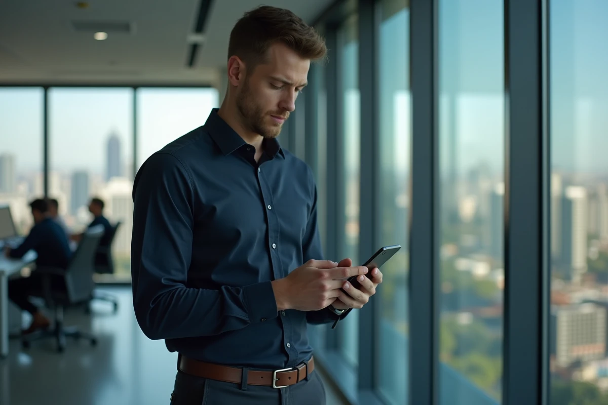 Homme programmant un message WhatsApp sur son téléphone dans un environnement de bureau professionnel moderne