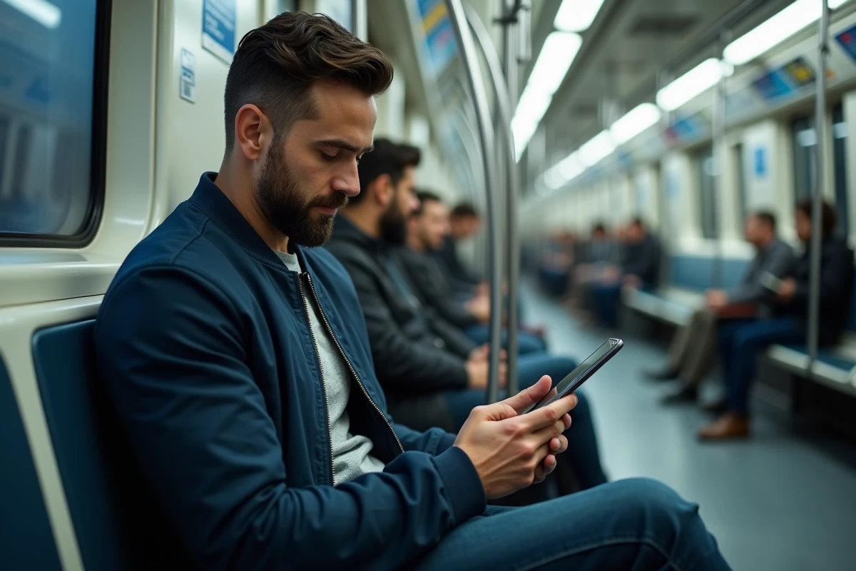 Homme consultant WhatsApp dans le métro pour programmer un message automatique