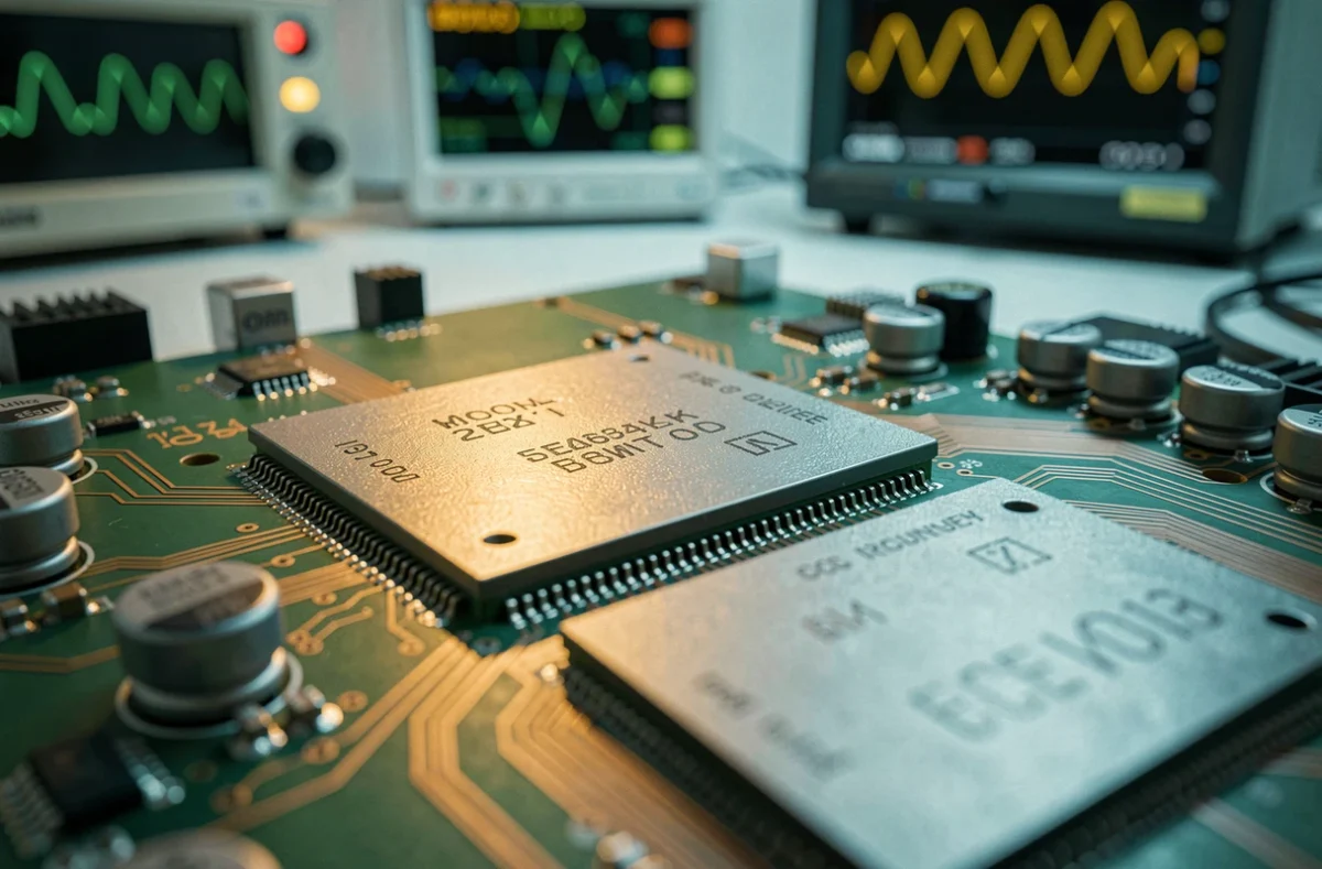 Gros plan macro sur une puce GPU et CPU de nouvelle génération sur circuit imprimé, architecture Zen 6 et RDNA 5 pour la prochaine Xbox