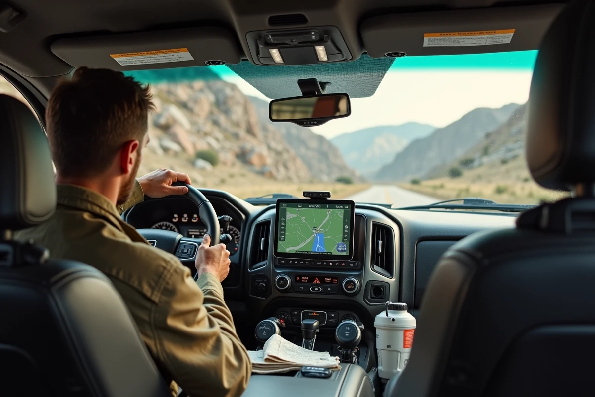 Support RAM Mount pour tablette GPS installé dans la cabine d'un pick-up 4x4 avec navigation en cours sur piste rocailleuse