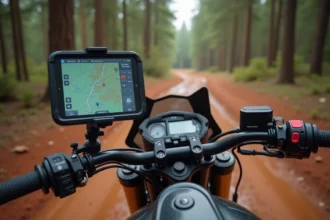 Support RAM Mount pour tablette GPS fixé sur le guidon d'une moto tout-terrain en forêt avec carte topographique affichée