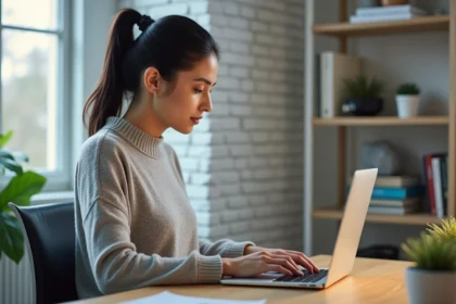 Femme configurant une redirection de messagerie webmail sur son ordinateur portable dans un bureau à domicile