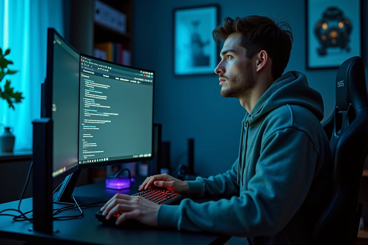 Joueur PC ajustant les paramètres Windows de consommation d'énergie sur un setup gaming ultrawide avec périphériques RGB