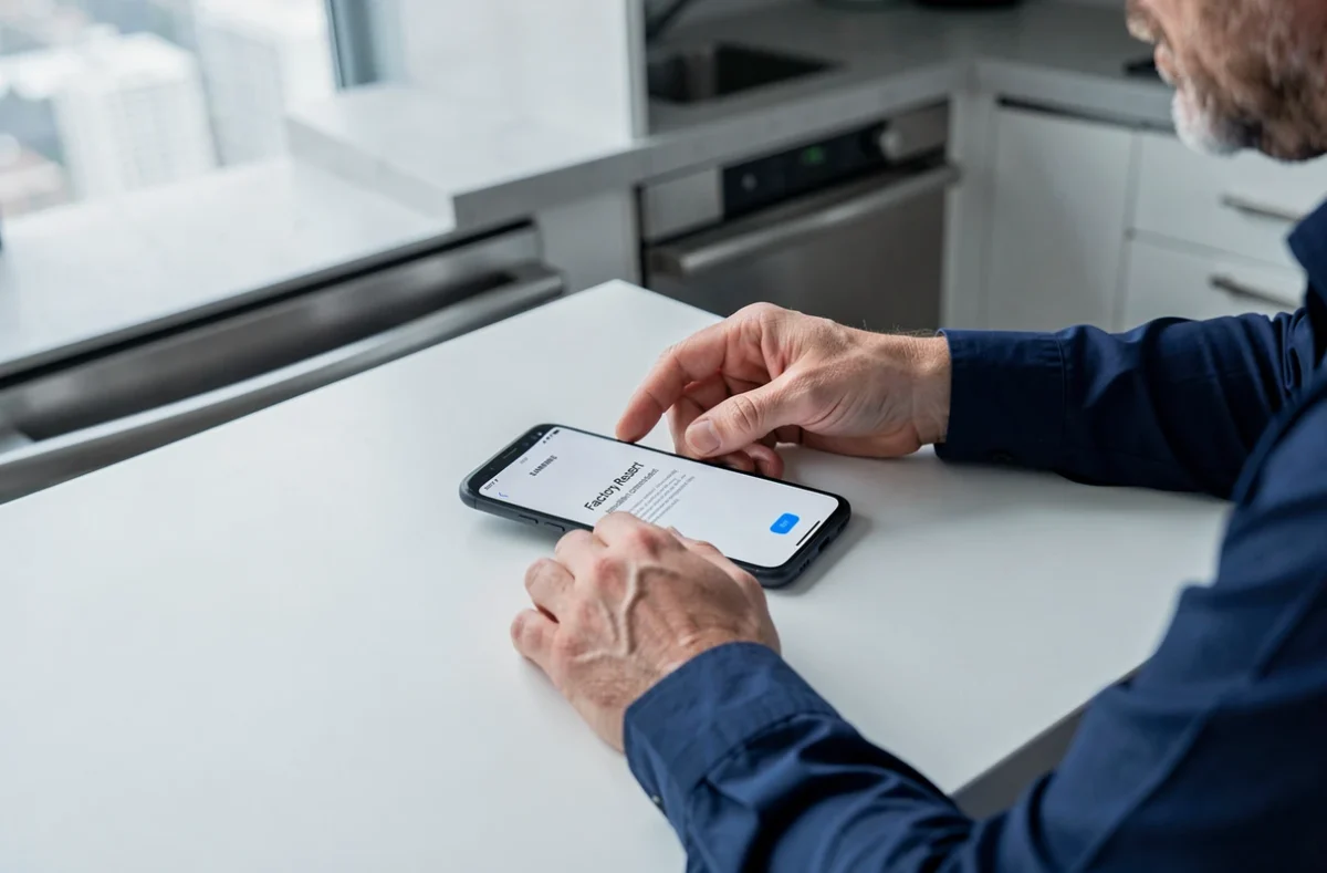 Homme réinitialisant un Samsung Galaxy pour le revendre en toute sécurité