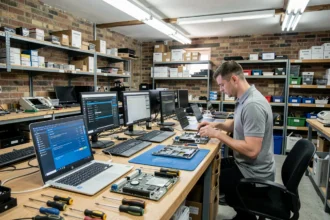 Vue d'ensemble d'un atelier de réparation informatique dans le Puy-de-Dôme avec des techniciens au travail sur des ordinateurs