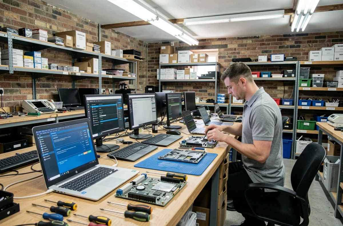 Vue d'ensemble d'un atelier de réparation informatique dans le Puy-de-Dôme avec des techniciens au travail sur des ordinateurs