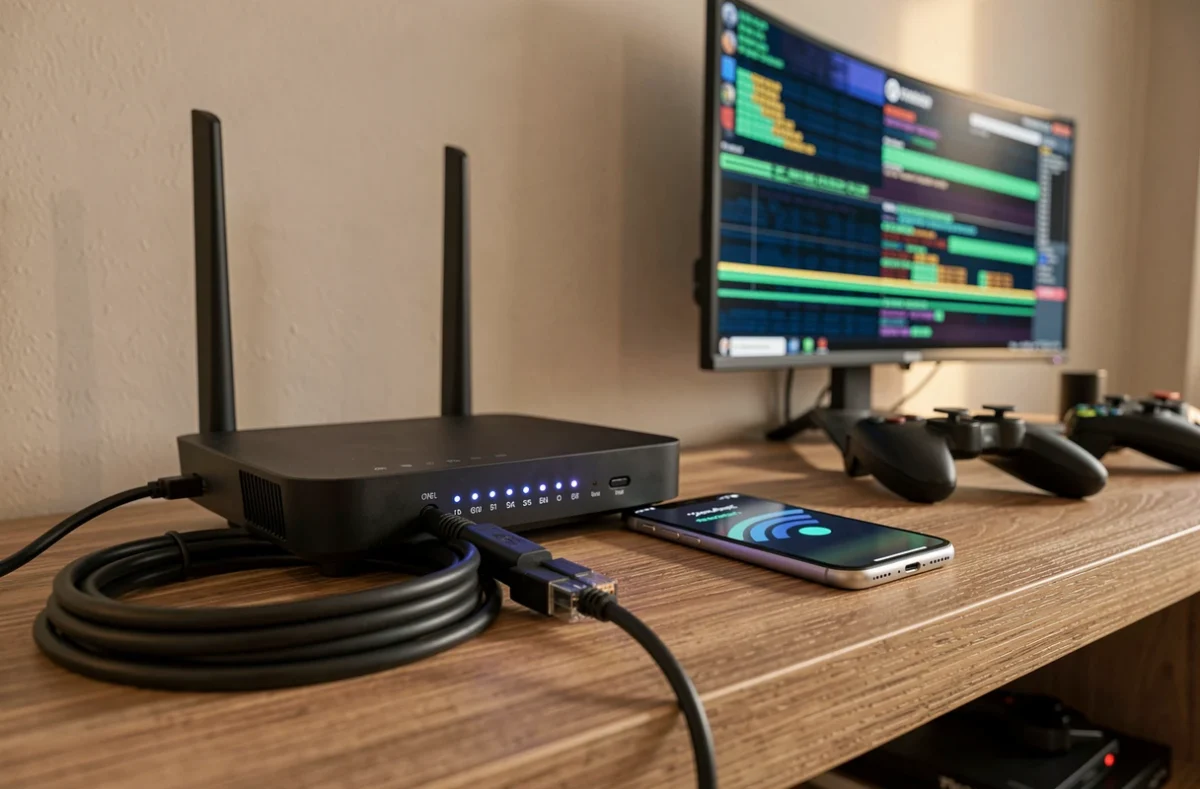 Routeur Wi-Fi domestique avec câble ethernet et signal faible illustrant un problème de connexion pour Fortnite