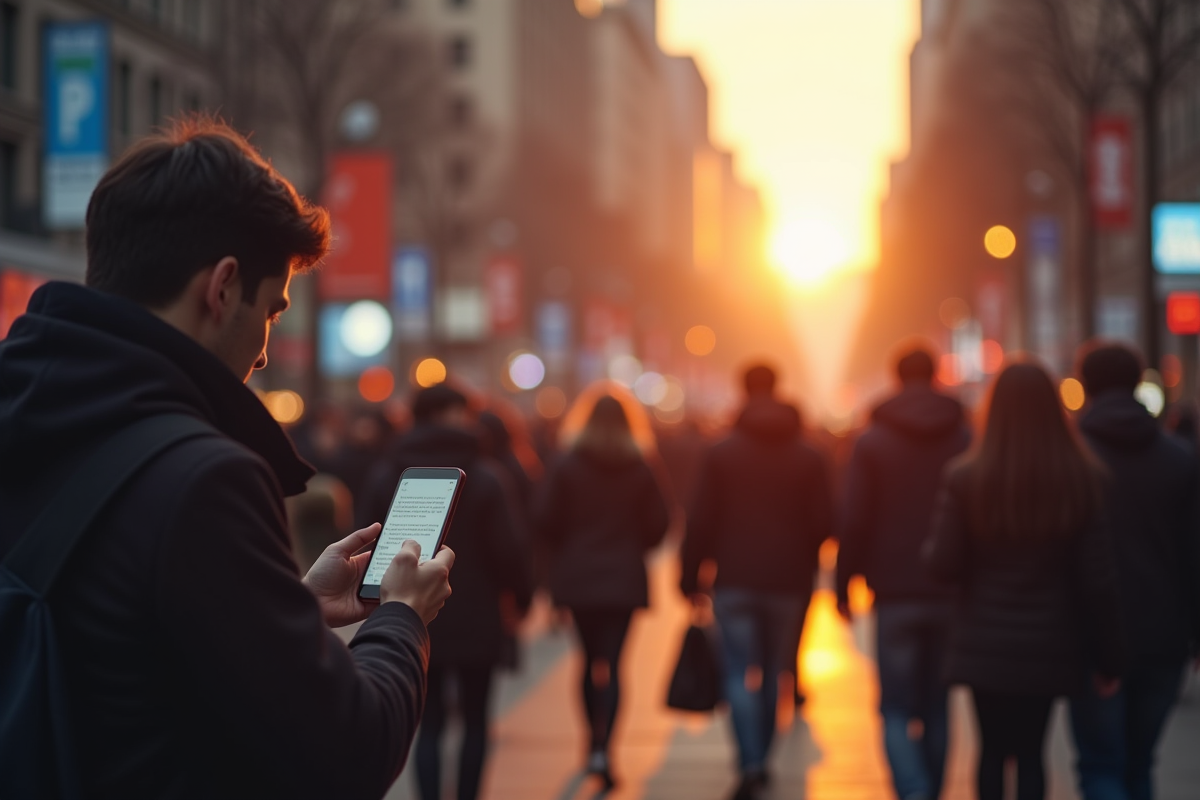 Passants dans une rue animée au matin regardant leur téléphone