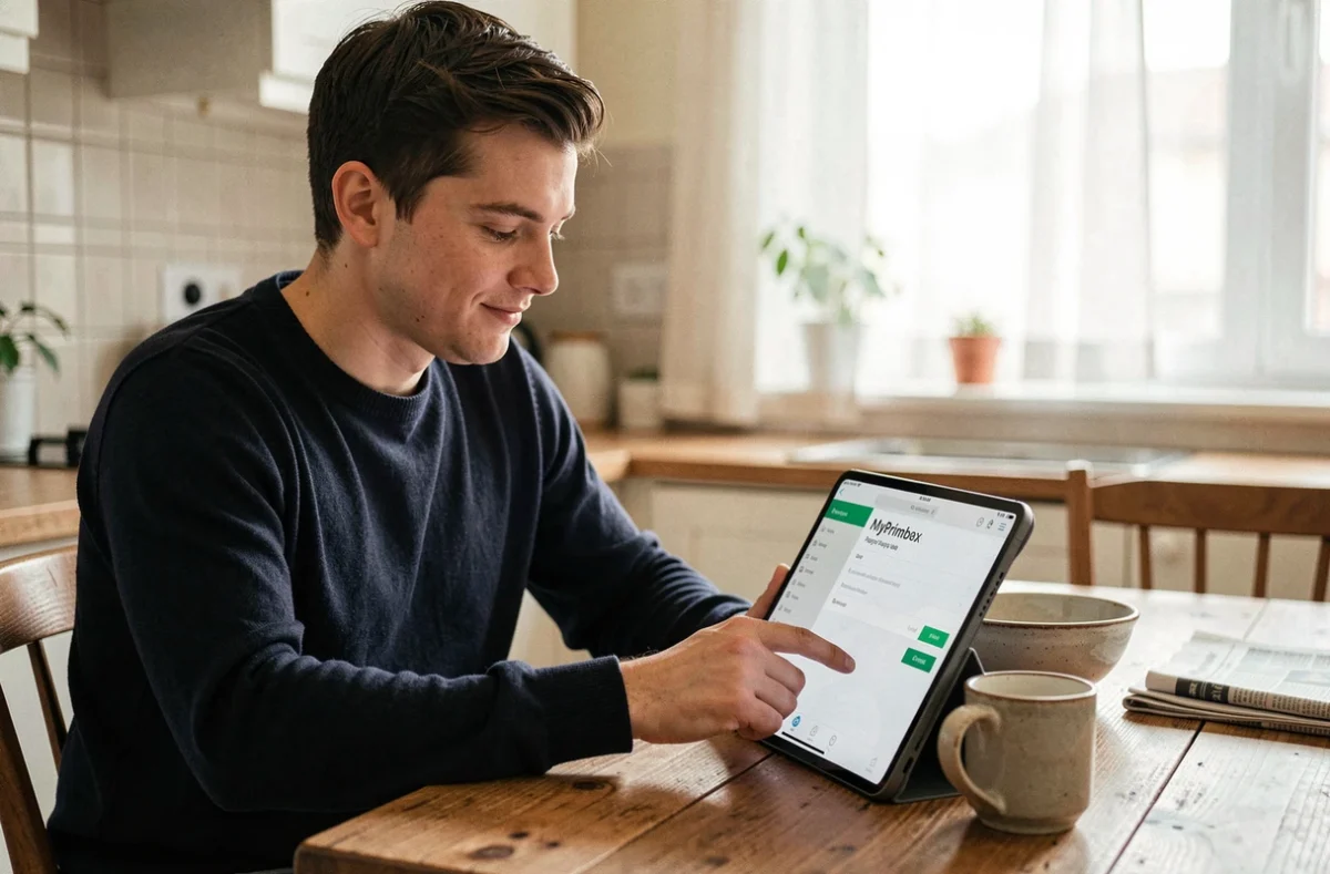 Jeune salarié accédant à ses fiches de paie en ligne via MyPrimobox sur une tablette depuis son domicile