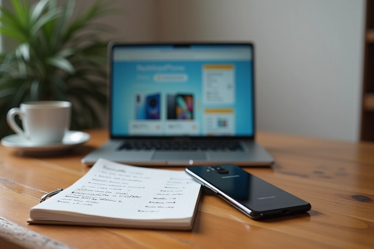 Samsung Galaxy A51 sur un bureau avec un ordinateur portable affichant des offres de reconditionnement et un carnet de notes sur les prix