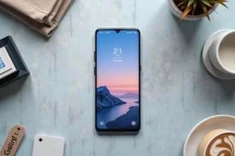 Samsung Galaxy A51 posé à plat sur une surface en béton avec des étiquettes de prix et un calendrier 2026