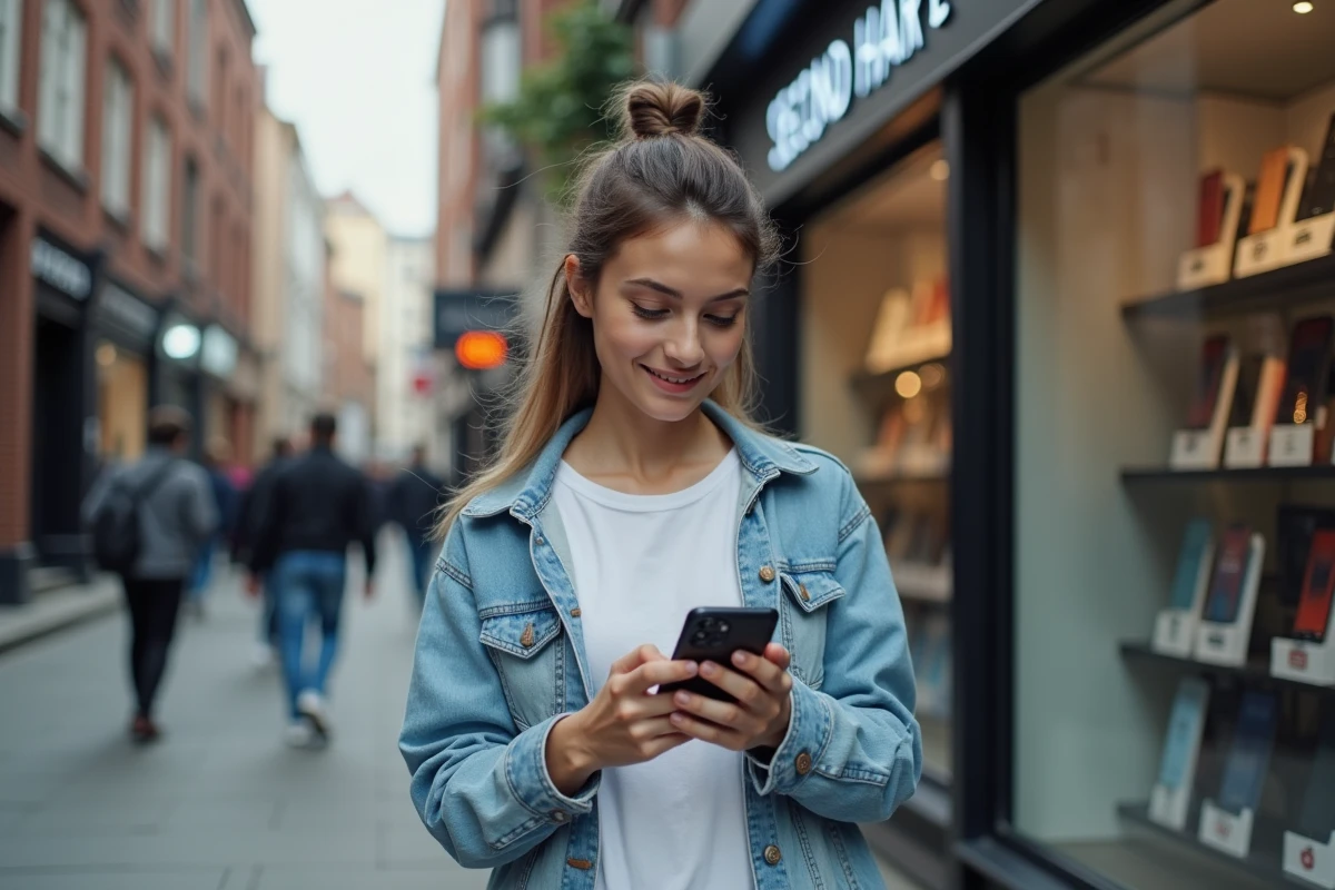 Jeune femme tenant un Samsung Galaxy A51 reconditionné devant une boutique de téléphones d'occasion en ville