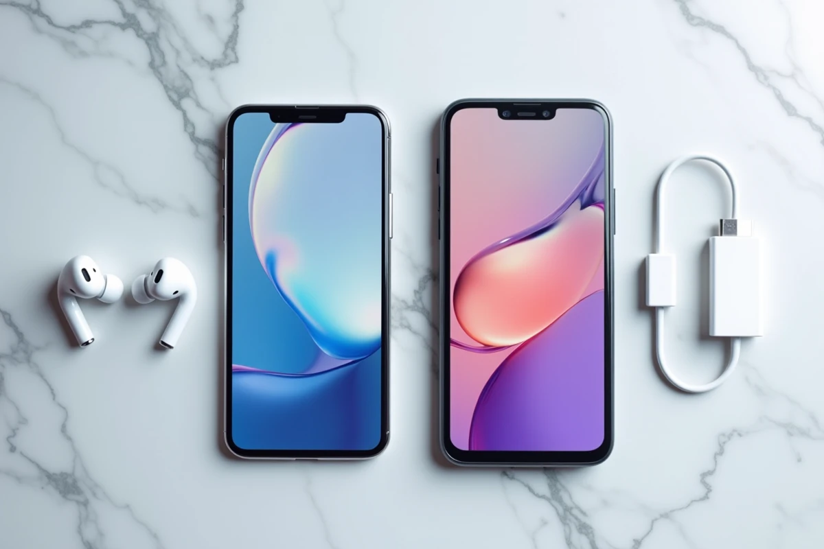 Comparaison côte à côte d'un Samsung Galaxy et d'un iPhone posés sur marbre blanc, pour choisir le meilleur smartphone Android face à Apple