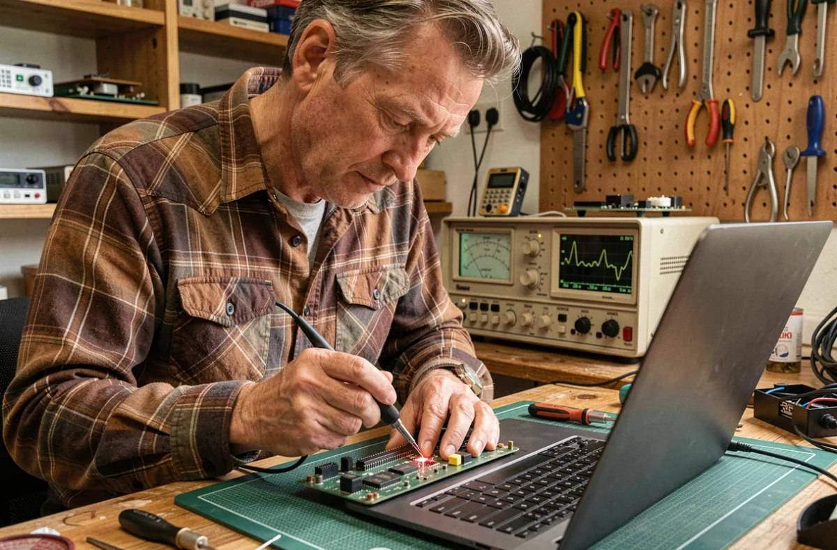 Sébastien Lezour soudant un composant sur une carte mère d'ordinateur portable dans son atelier de dépannage à Dinan