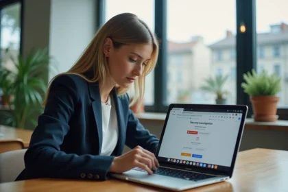 Femme professionnelle configurant les paramètres de sécurité de son webmail sur un ordinateur portable dans un bureau moderne à Montpellier