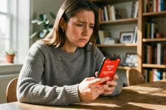 Femme frustrée tenant un smartphone Android affichant un avertissement de mémoire pleine, assise à un bureau en bois dans un bureau à domicile