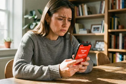 Femme frustrée tenant un smartphone Android affichant un avertissement de mémoire pleine, assise à un bureau en bois dans un bureau à domicile