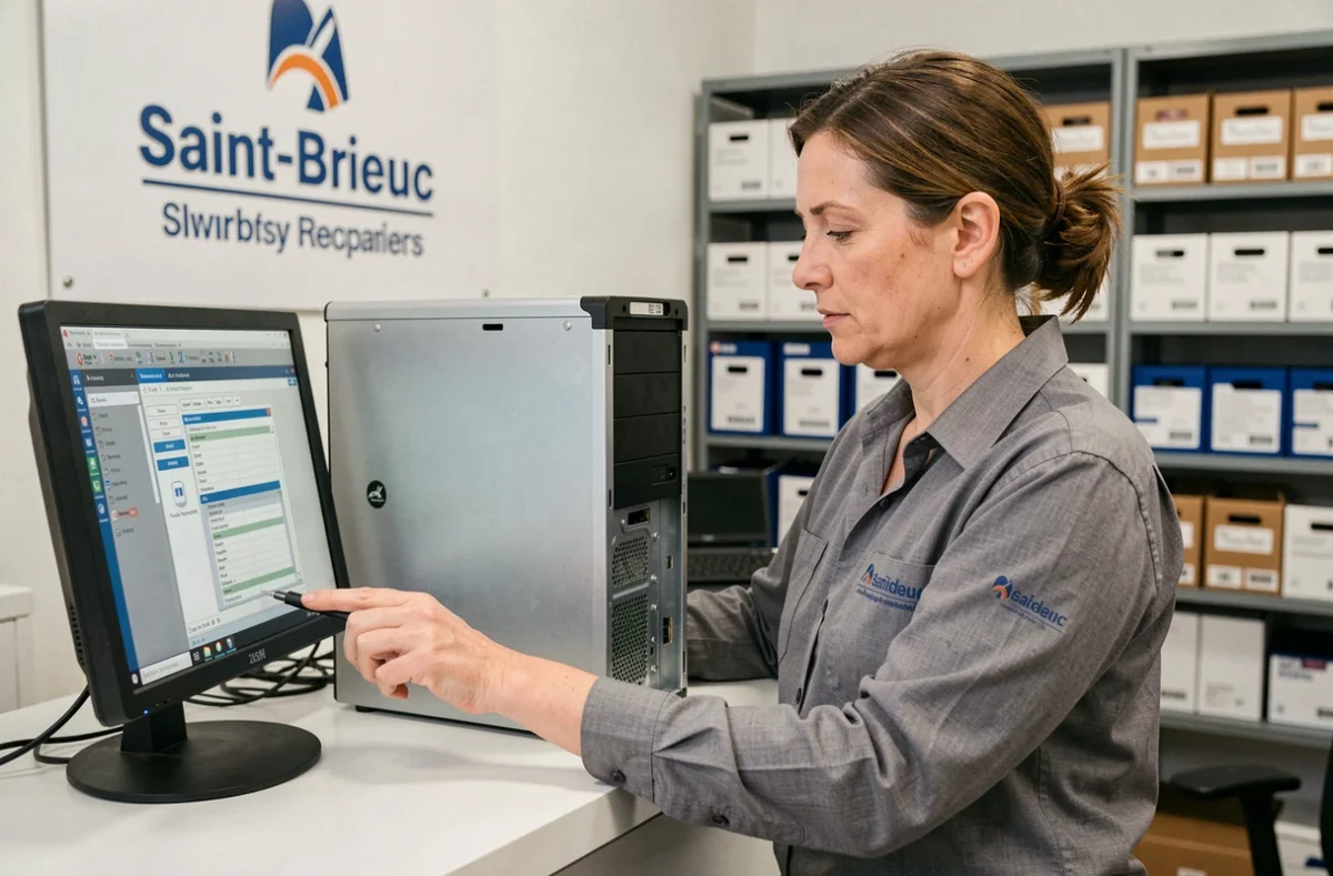 Technicienne de la Société Briochine Service Informatique diagnostiquant un ordinateur de bureau à Saint-Brieuc