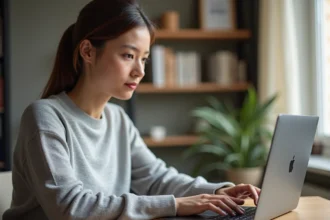 Femme utilisant Word sur un ordinateur portable pour supprimer une page blanche dans un document