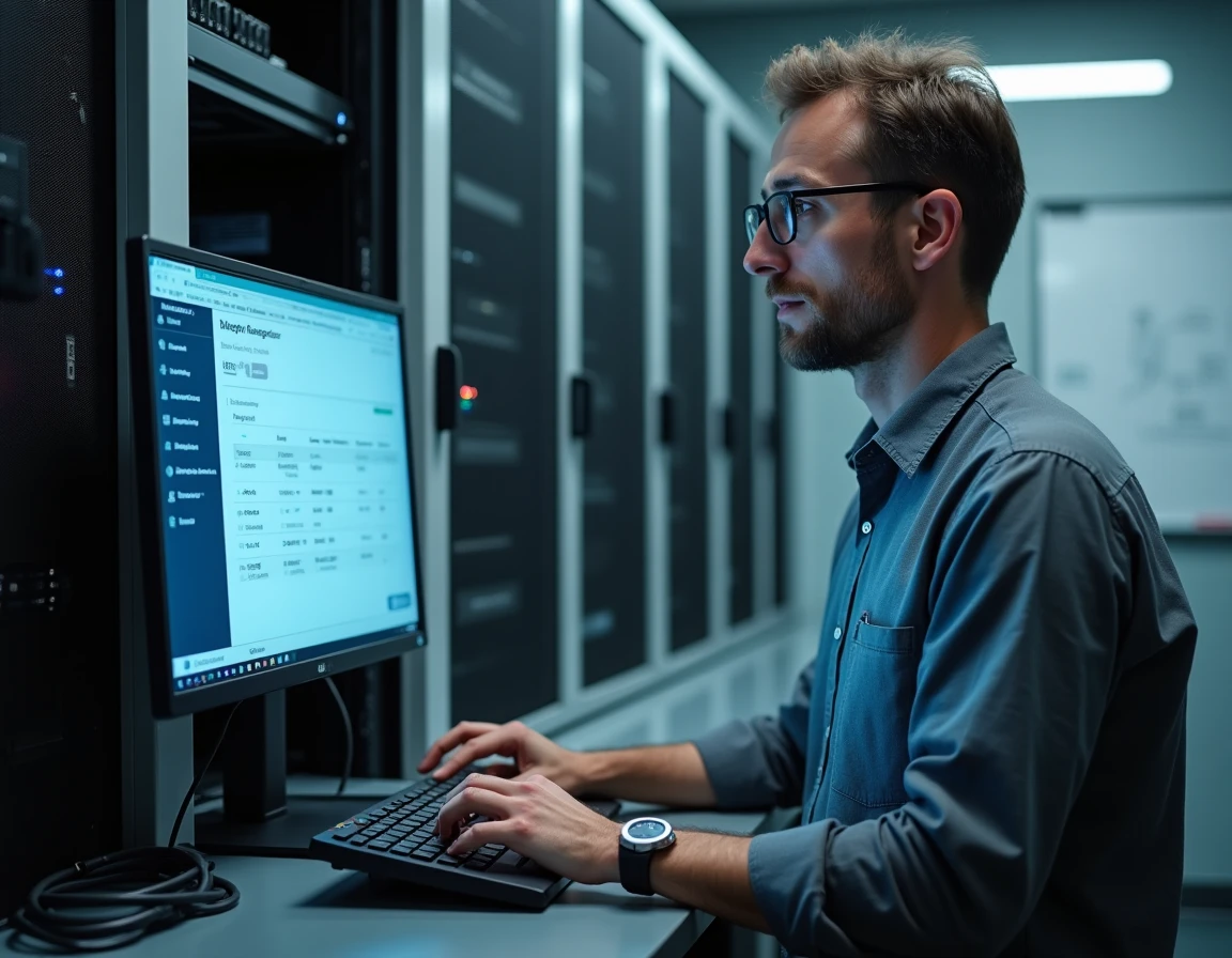 Technicien informatique gérant la sécurité de la messagerie académique de Nantes dans une salle serveur scolaire, en conformité avec le RGPD pour la protection des données personnelles des élèves