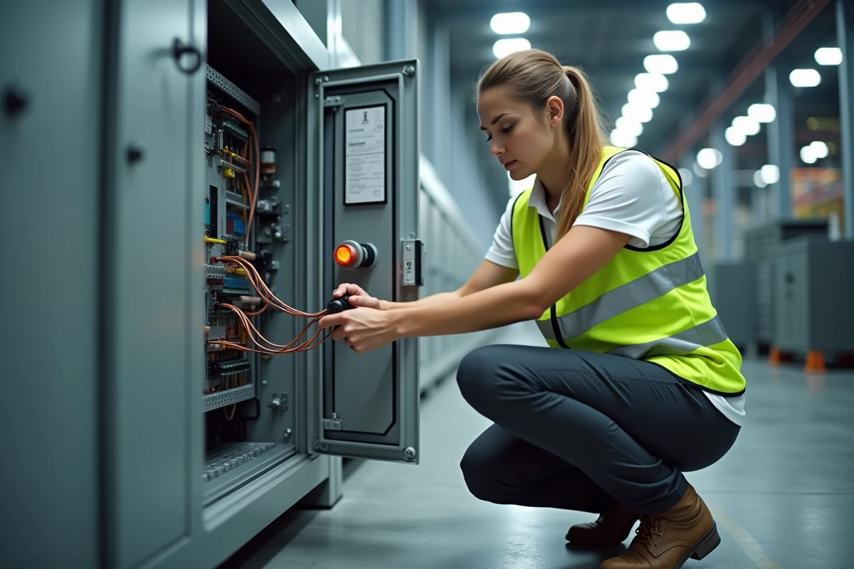 Technicienne en automatisme câblant un automate programmable PLC dans une armoire de commande industrielle ouverte en usine