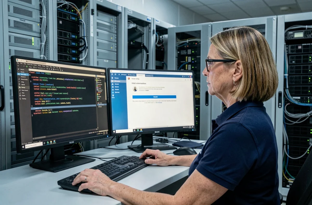 Technicienne informatique analysant un problème de connexion SOGo sur deux écrans en salle serveur