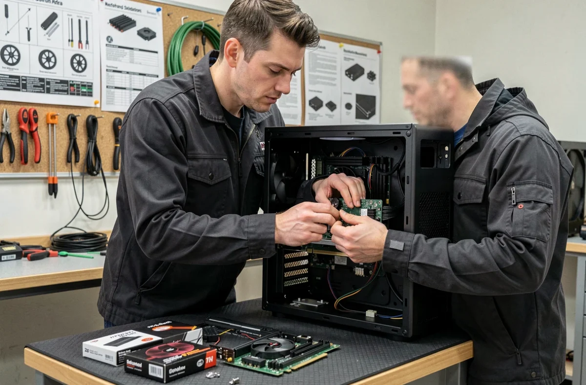 Technicien de Titan Technologique installant une nouvelle carte graphique pour améliorer un PC sur mesure