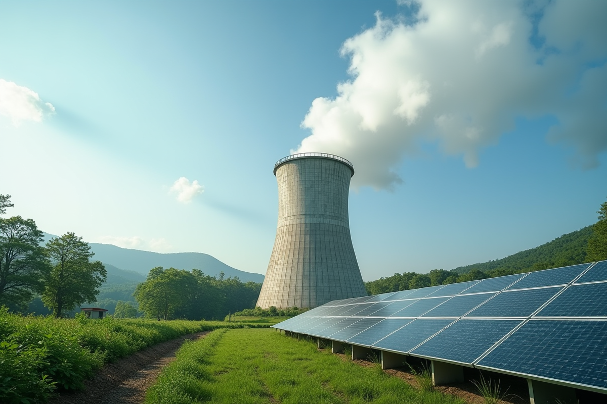 Tour de refroidissement avec panneaux solaires dans un paysage naturel