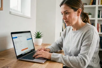 Femme consultant les mots de passe enregistrés sur son MacBook Pro dans un bureau à domicile moderne