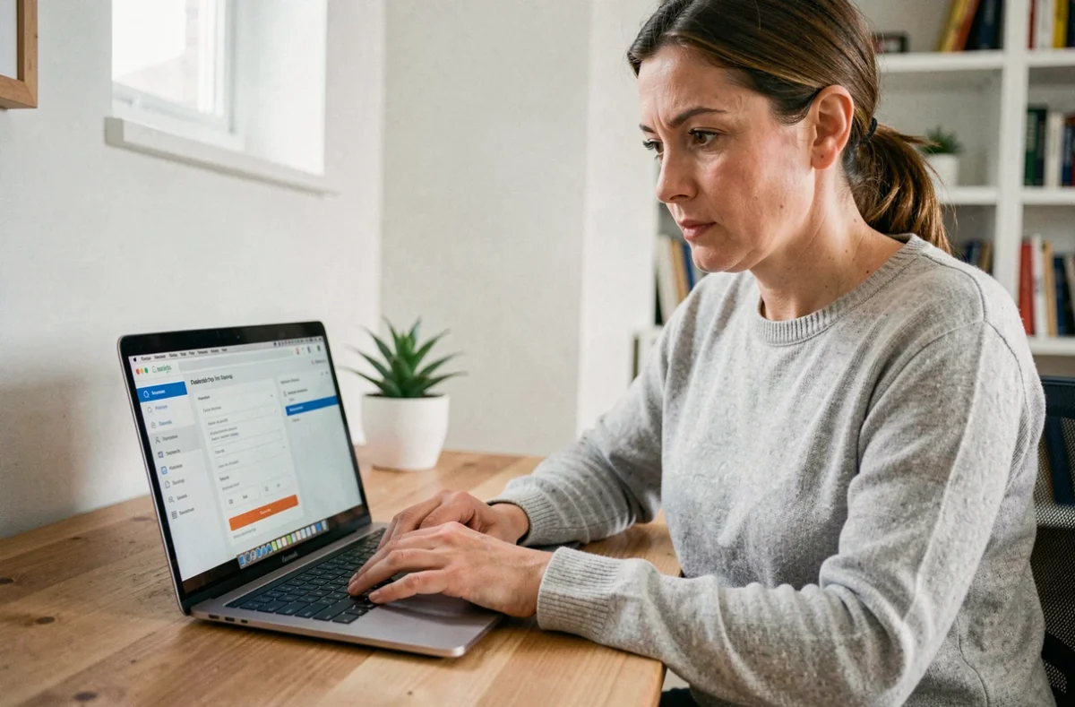 Femme consultant les mots de passe enregistrés sur son MacBook Pro dans un bureau à domicile moderne