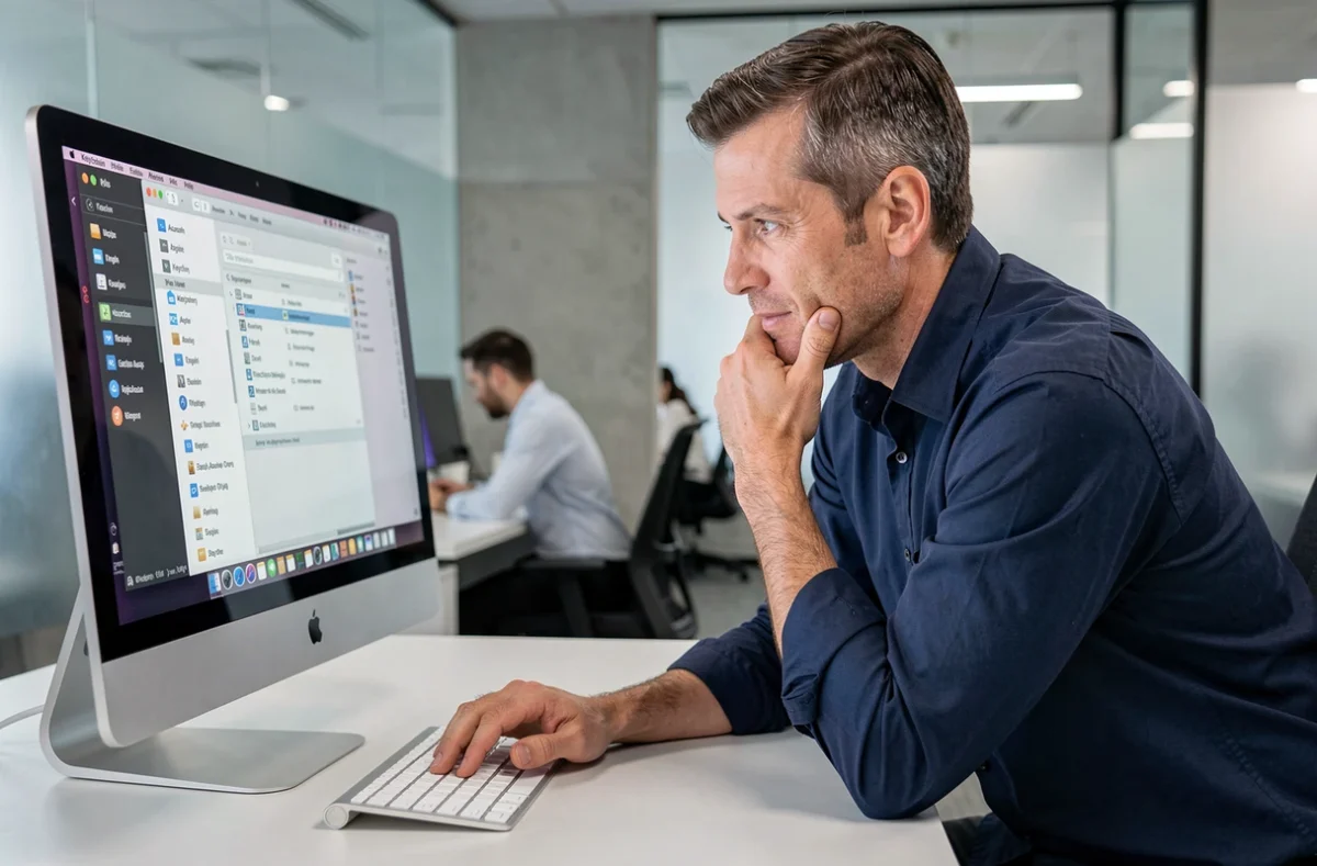 Homme professionnel accédant au trousseau macOS pour retrouver des mots de passe dans un bureau en open space