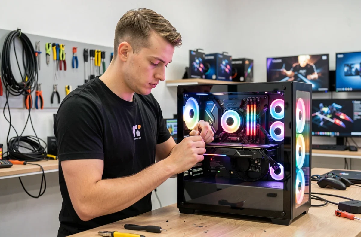 Technicien d'Update Informatique assemblant un PC gaming sur mesure avec des composants RGB à Clermont-Ferrand
