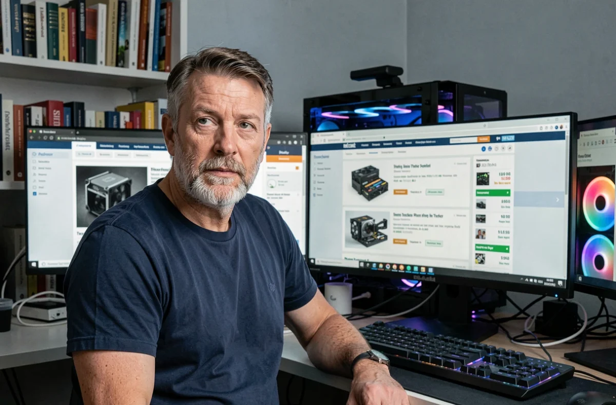 Homme vérifiant les prix et avis en ligne sur la RTX 5070 avant de finaliser son achat sur un double écran de bureau