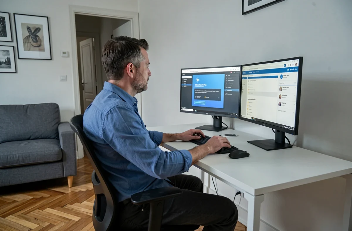 Homme en télétravail se connectant au réseau intranet sécurisé de Caen via VPN depuis son appartement