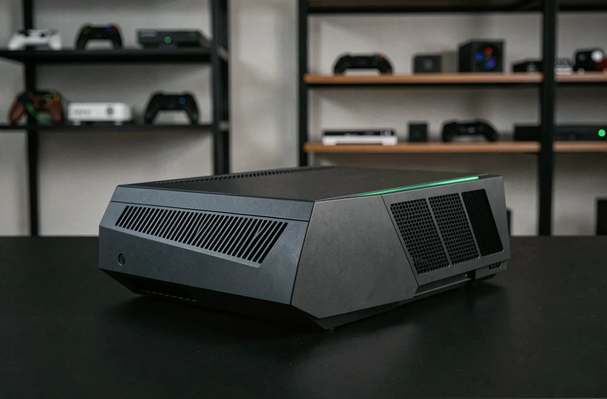 Console Xbox nouvelle génération posée sur un bureau noir minimaliste avec des accents LED verts, design angulaire en aluminium brossé